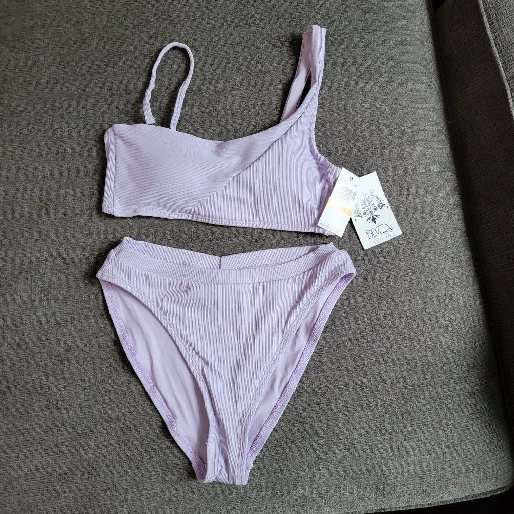 Becca Women's Light Purple Rib bikini Top & Bottom Two Piece Set Size Sm…
